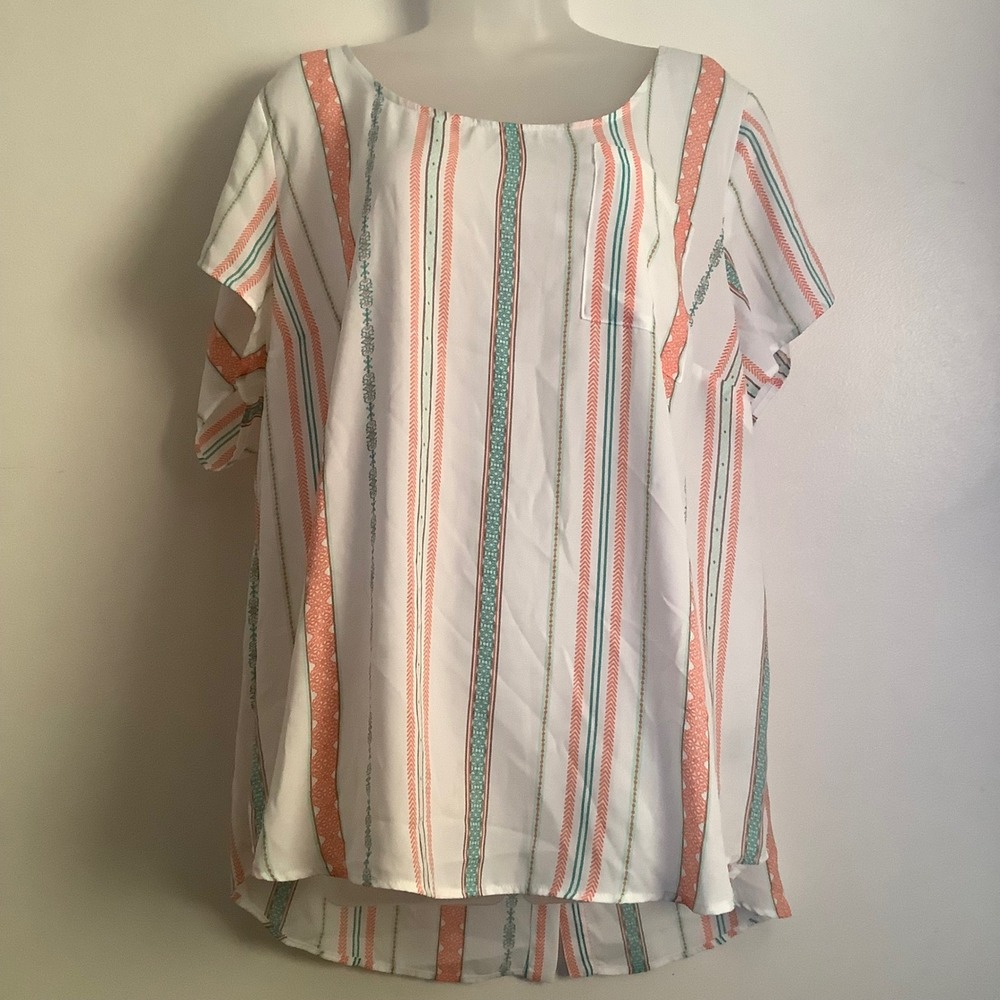 Torrid Womens Size 3 Coral Teal Striped Button Back Short Sleeve Blouse Top - Picture 7 of 16